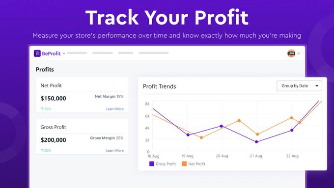 A purple screen with graphs and values that says "track your profit" 