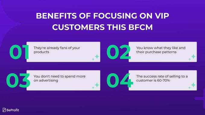 a purple background with the words benefits of focusing on vip customers this bcm