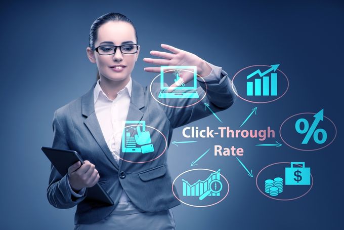 A woman looking at an infographic of CTR effects