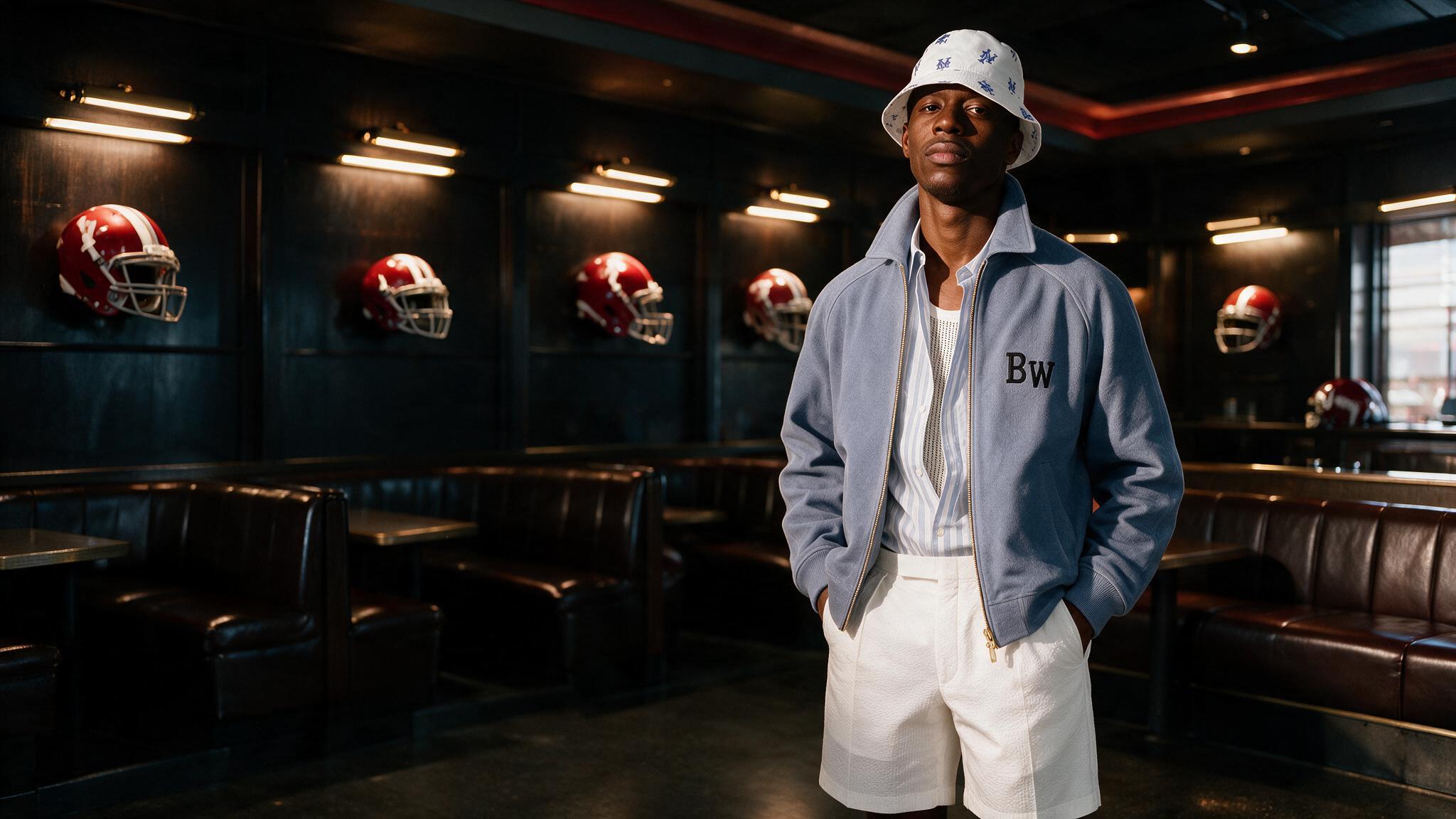 a man standing in a locker room with football helmets on the wall