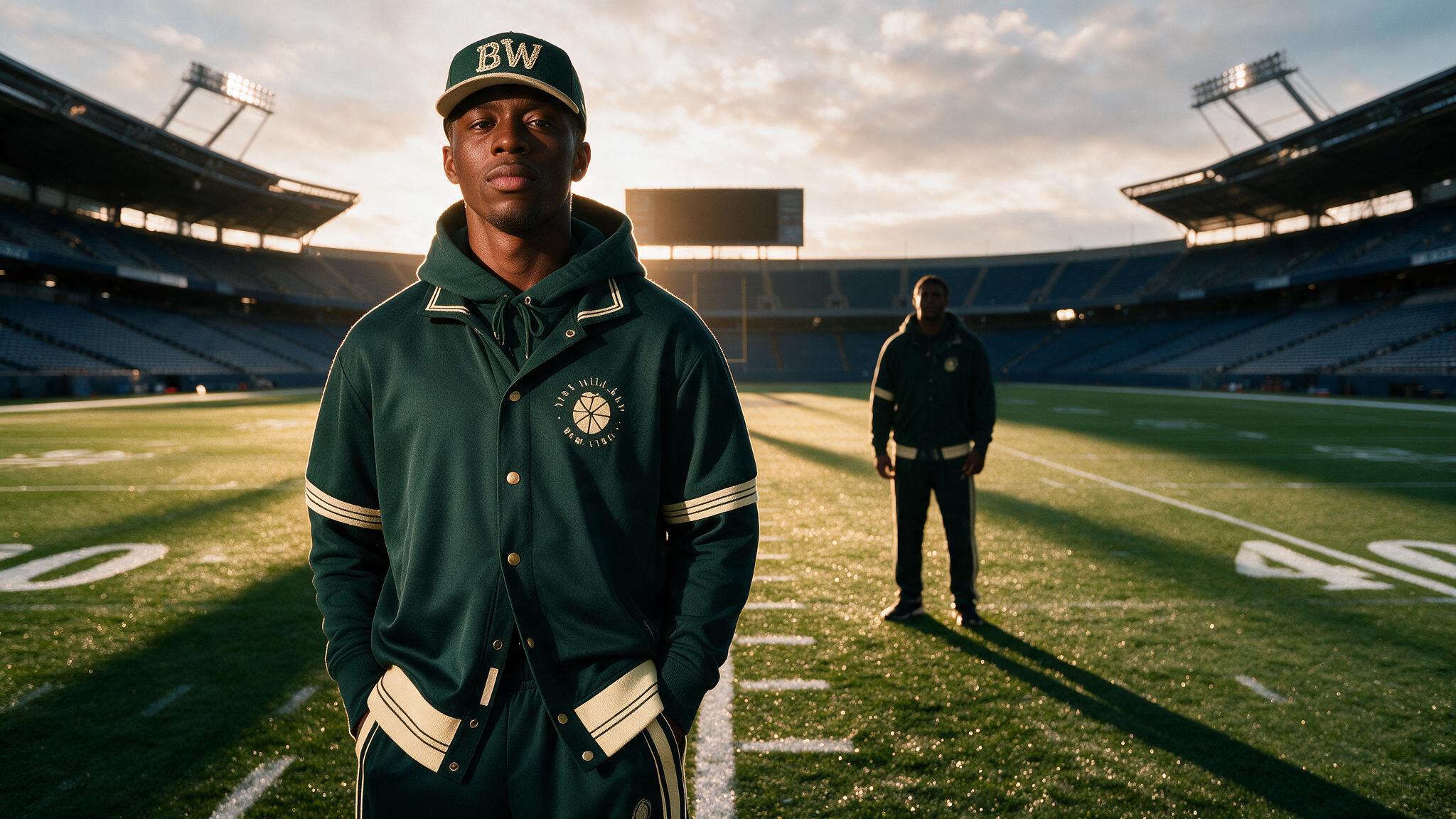 a man in a green jacket standing on a football field