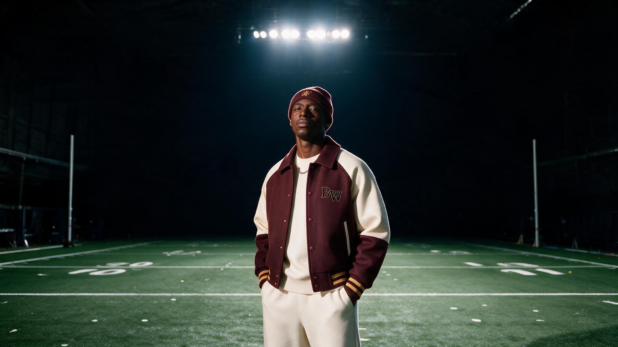 a man standing on a football field at night