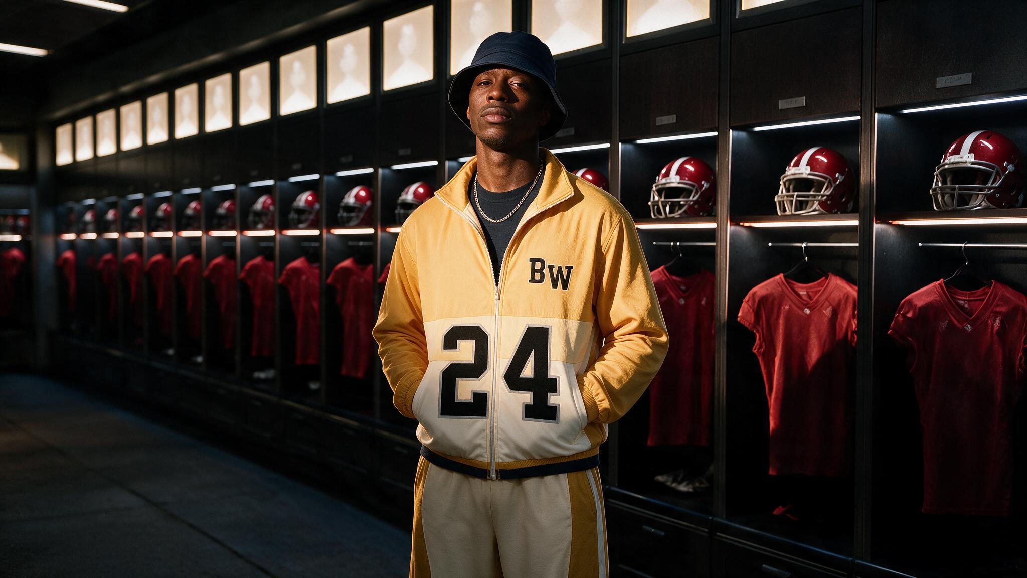 a man standing in front of a wall of football uniforms