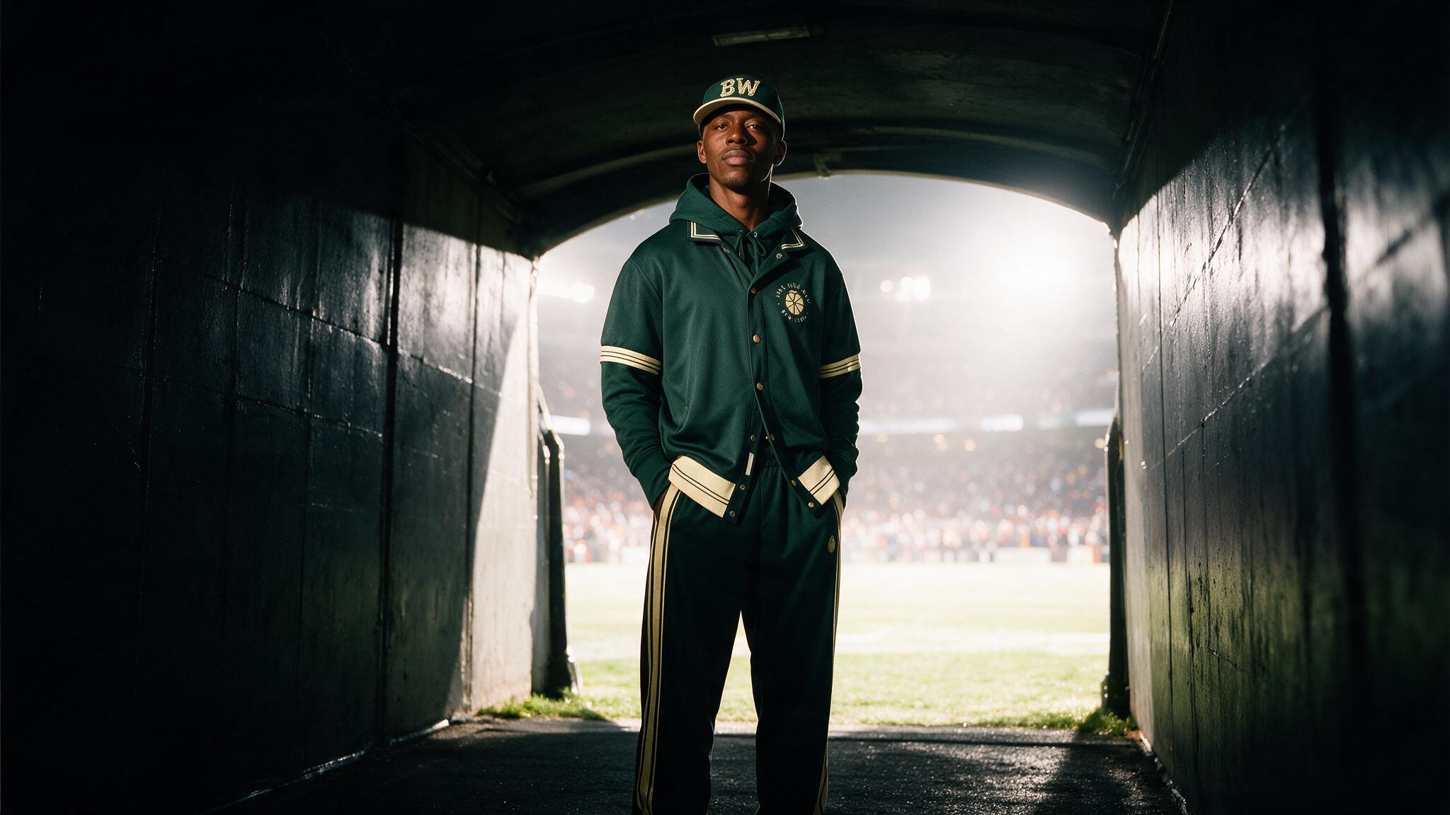 a man standing in a tunnel at a football game
