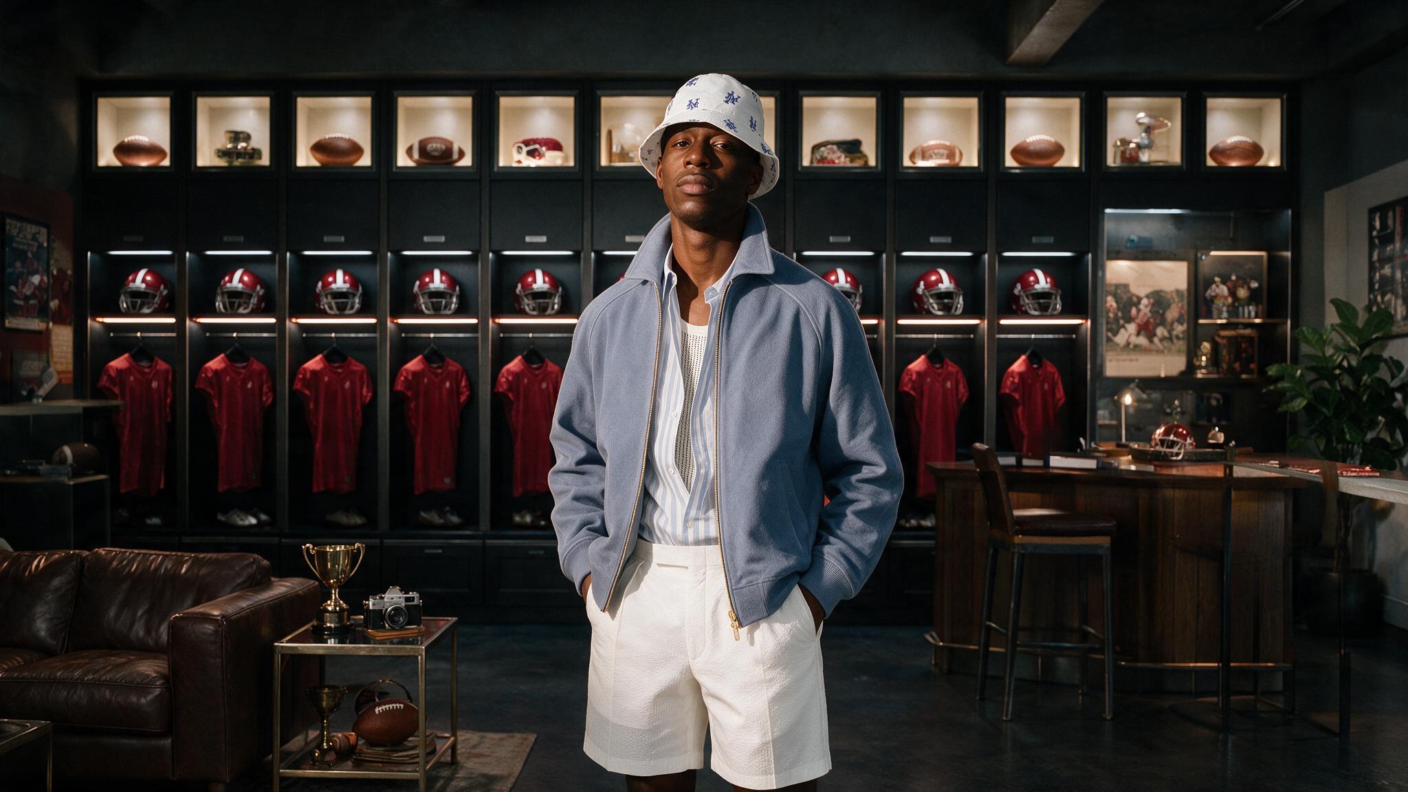 a man standing in front of a wall of football jerseys