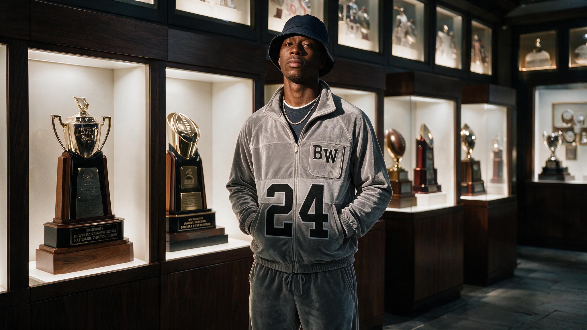 a man standing in front of a display of trophies