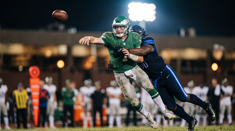 football player is being tackled by another player
