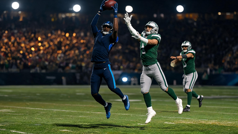 a football player jumping in the air to catch a ball