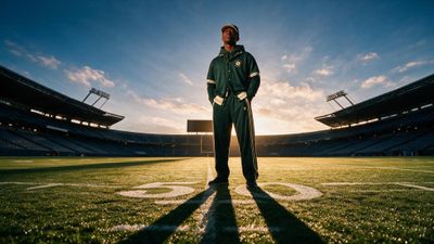 a man standing on top of a lush green field