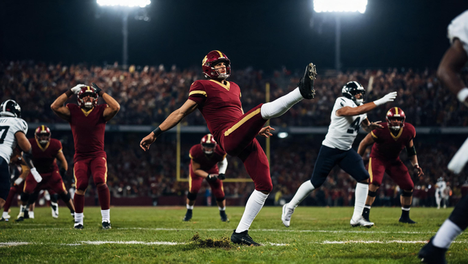 a football player kicks the ball during a game