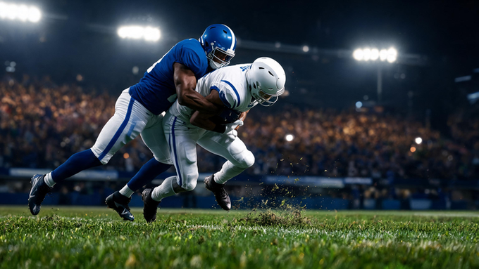 a football player is being tackled by another player