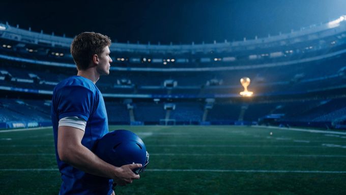 a man holding a football in a stadium