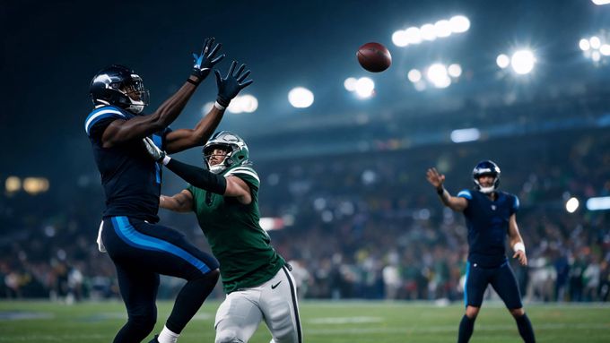 a football player catching a ball in the air
