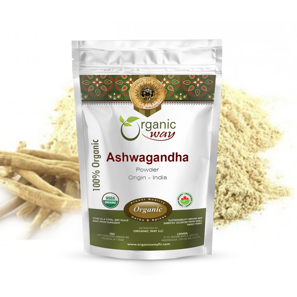 A packet of ashwagandha powder in front of the raw ingredient 