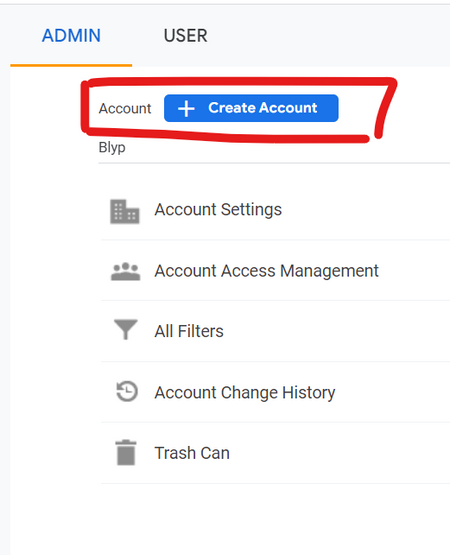 "Create Account" button under the "Admin" tab in Google Analytics