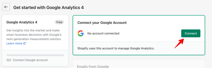 A screenshot illustrating the process of connecting a Google Analytics account to a Shopify store, enabling seamless data tracking and analysis.