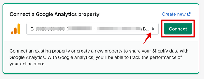 A screenshot showing the process of selecting the appropriate GA4 property and data stream for integration with a Shopify store