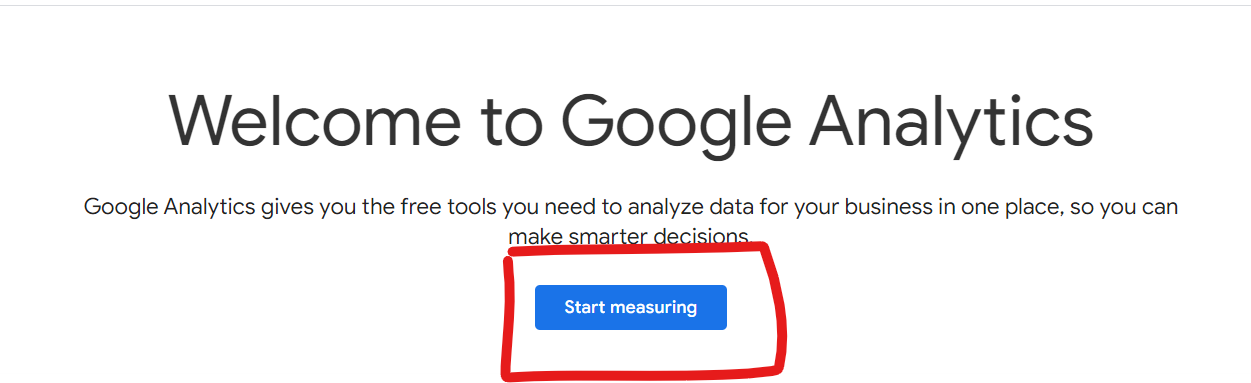 Google Analytics homepage with "Start measuring" button highlighted