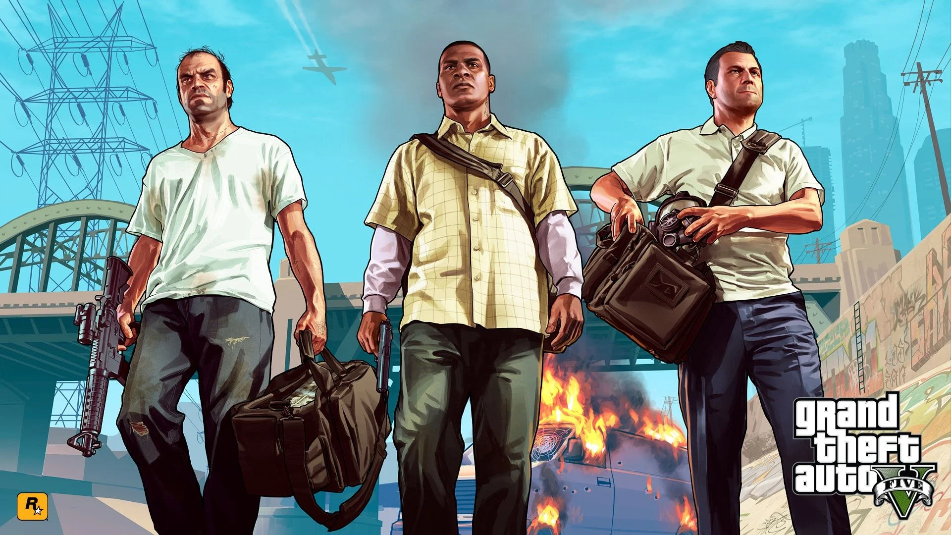 Splash art with the game's title in the bottom right corner. Three men with weapons and bags of money, escaping from a heist, with an exploding van in the background