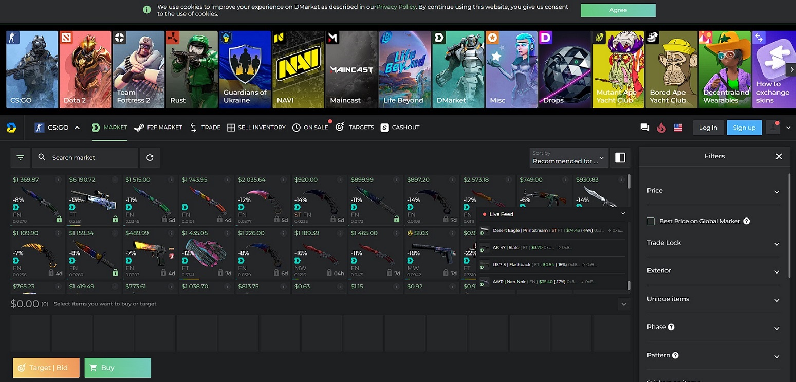 Dmarkets Marketplace displaying skins and NFTs