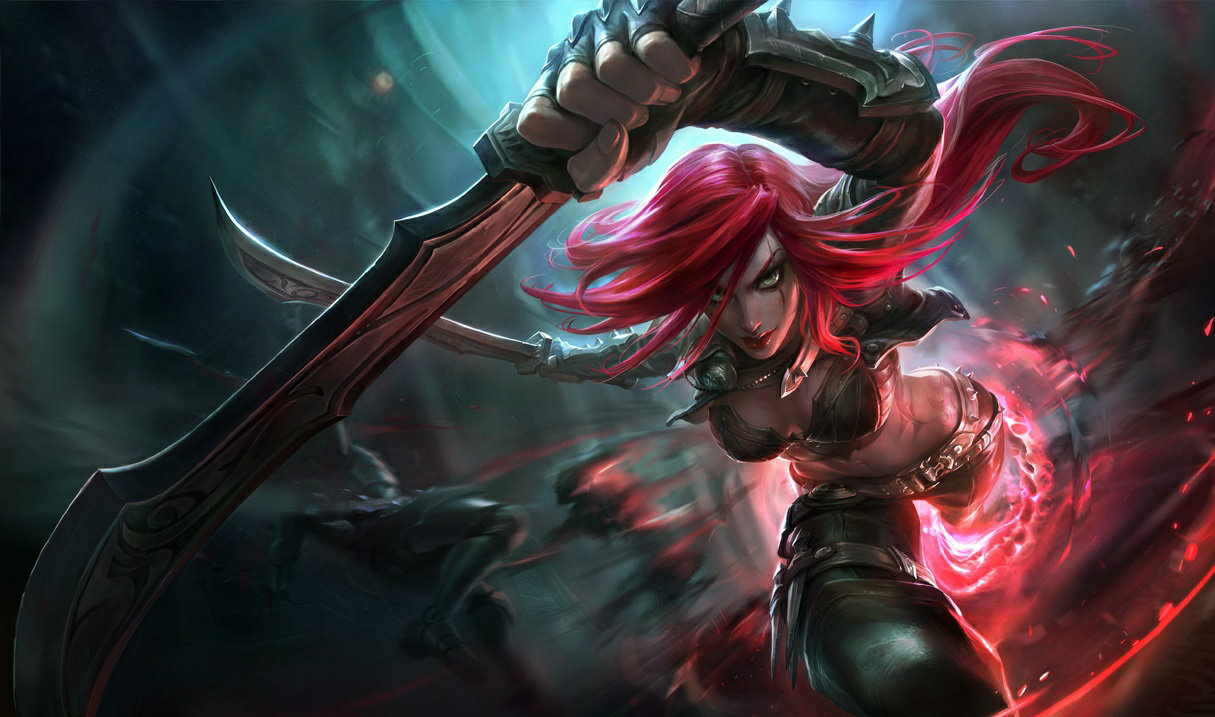 Splash art of a female champion with red hair dashing towards you with her daggers ready to attack