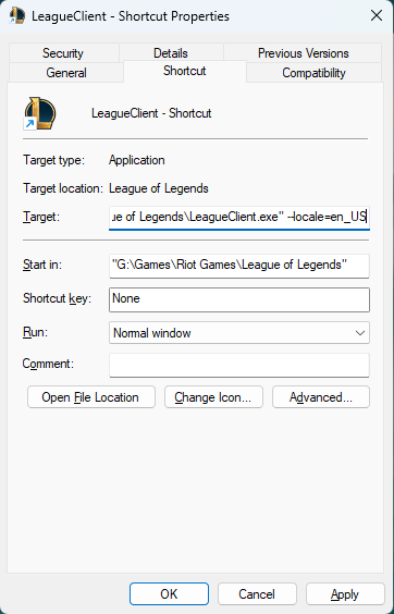 a screenshot of the leaguecent shortcut properties dialog