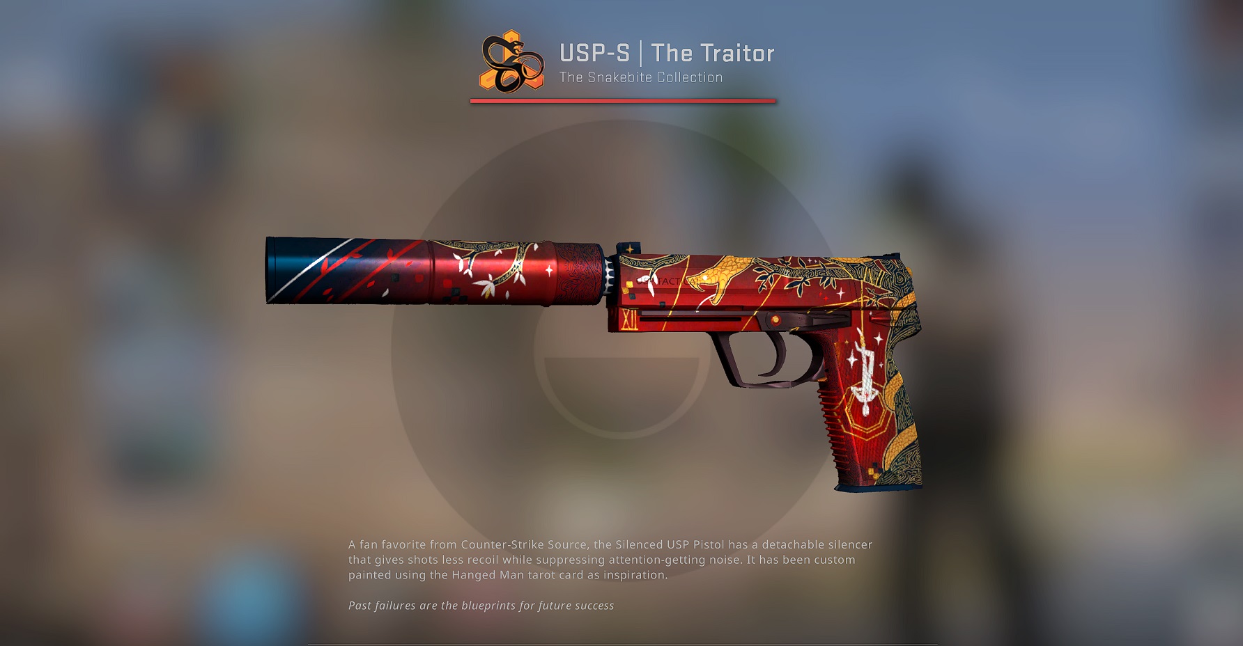 USP-S The Traito CS: GO skin, red and gold, screenshot.