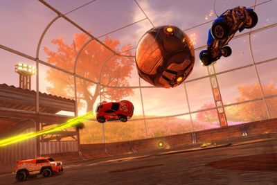 A screenshot of Rocket League game play in action.