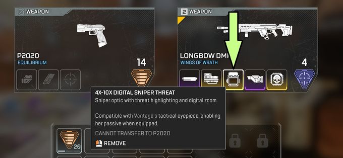 Screenshot of the 4-10X digital threat sniper optic in Apex Legends