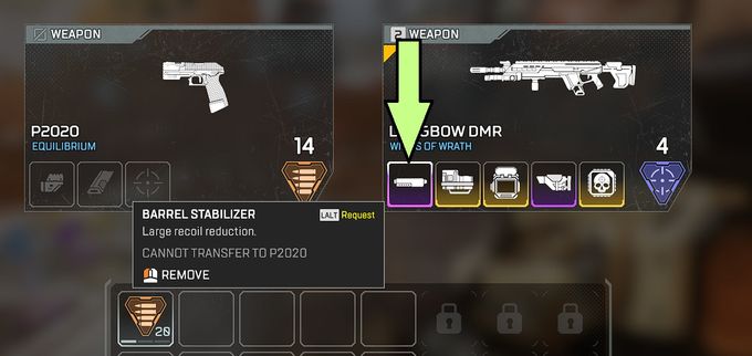 Screenshot of the purple sniper barrel stabilizer in Apex Legends