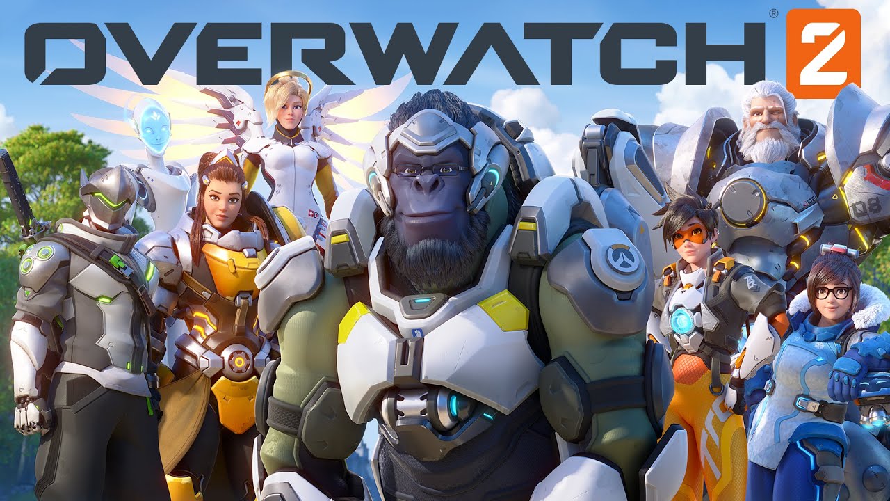 An assembly of heroes from the Overwatch group of a ninja, a robot, a monkey, 4 women in armour, and a man