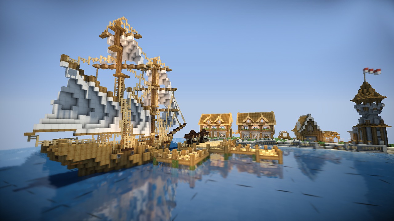 A ship parked at a port by the ocean, with some small huts and a watch tower, all made of blocks