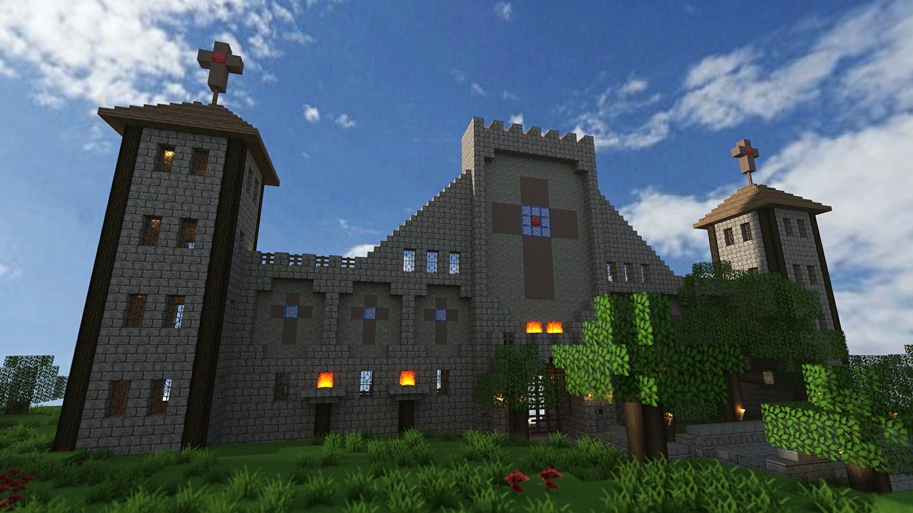 A castle fortress made of blocks, with some block trees surrounding it