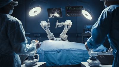 A group of doctors doing a surgery using robotic arms.