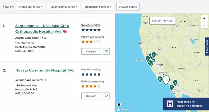 A screenshot of the CMS The Overall Hospital Quality Star Rating and Patient Survey Rating.