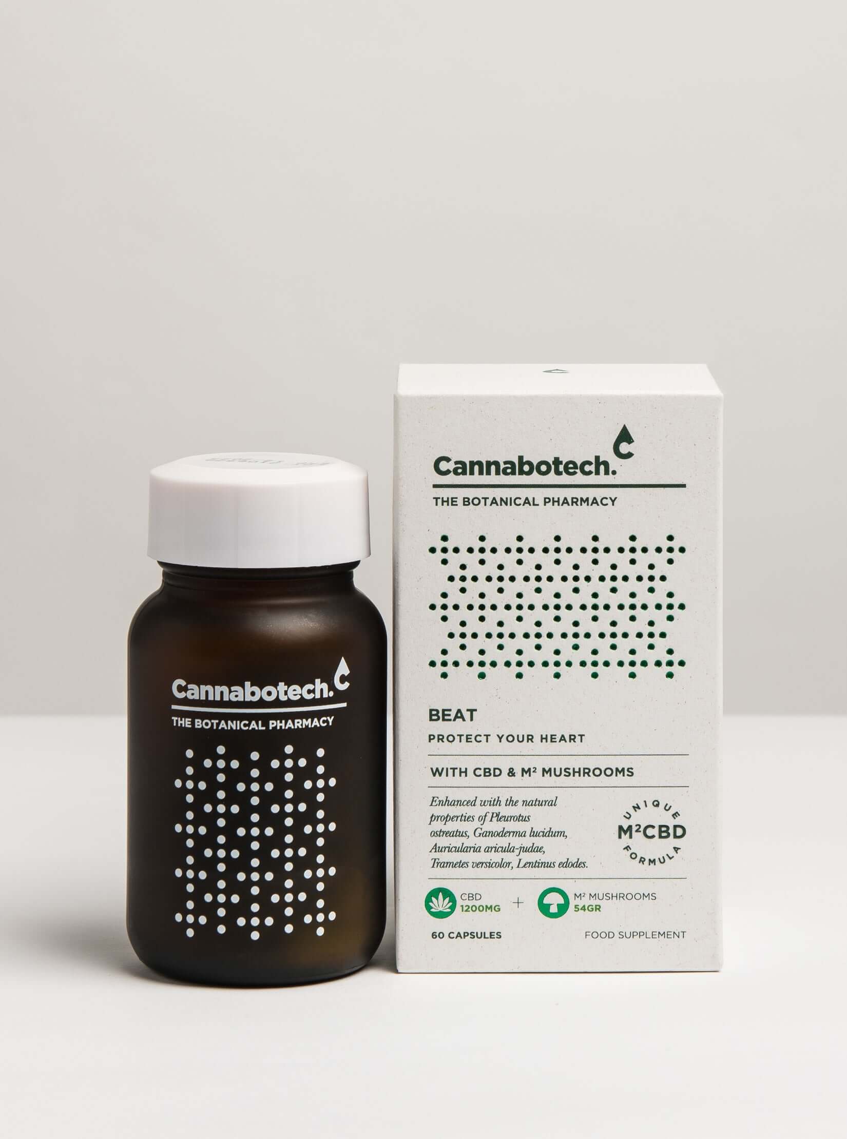 A bottle of Cannabotech Beat Food Supplements next to its box