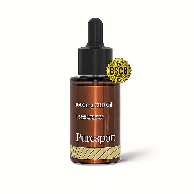 A bottle of Puresport cbd oil on a white background