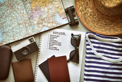 Map and camera next to other travel items being marked on a travel checklist intended for a Europe holiday