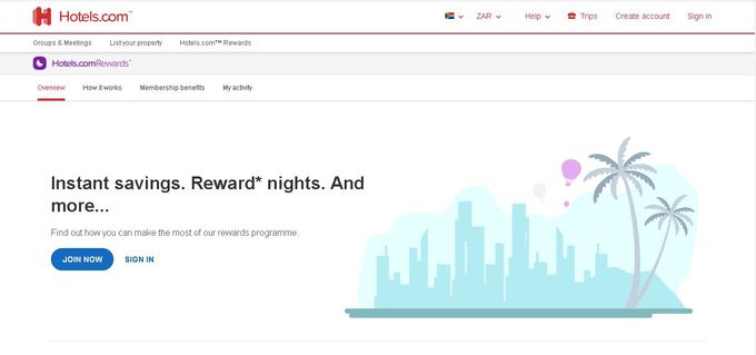 A screenshot of Hotels.com rewards program page on the platform's website