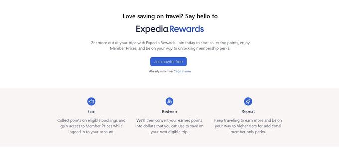 A screenshot of Expedia's website on its rewards program page