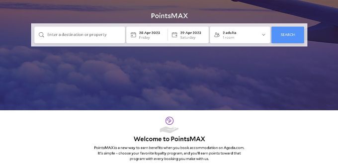 A screenshot of Agoda's website on the PointsMAX rewards program page