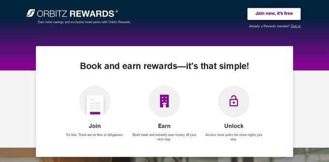 A screenshot of Orbitz's rewards program page on the platform's website