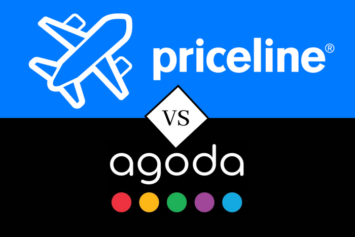 Promotional image comparing booking agencies Priceline and Agoda