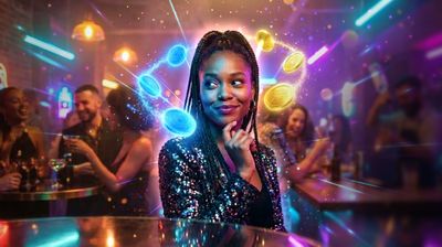 a woman standing in front of a disco ball