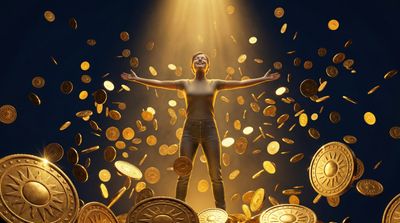 a man standing on top of a pile of gold coins