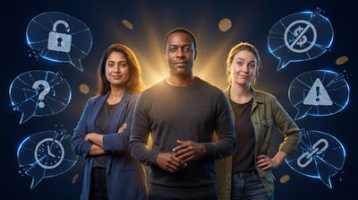 a group of people standing in front of a blue background