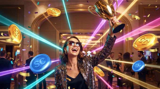 a woman holding up a trophy surrounded by confetti