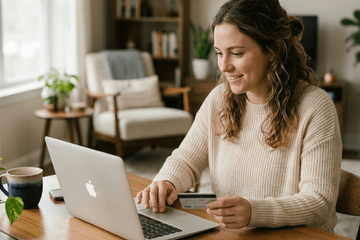 A woman making an e-commerce check out. 