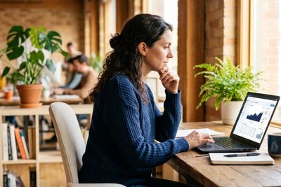 Professional analyzing pricing A/B test data on a laptop in a bright office.