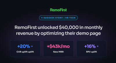 A/B test winning variant headline for Remofirst showing a 20% conversion rate uplift, $43k in potential monthly revenue, and a 16% RPV lift.